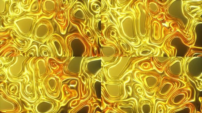 抽象金色丝滑织物形成美丽的褶皱。波浪表面的4k 3D动画在流体表面形成波纹，在组织中形成褶皱。无缝循