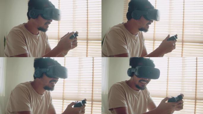 亚洲男子在家里的卧室里玩VR视频游戏。