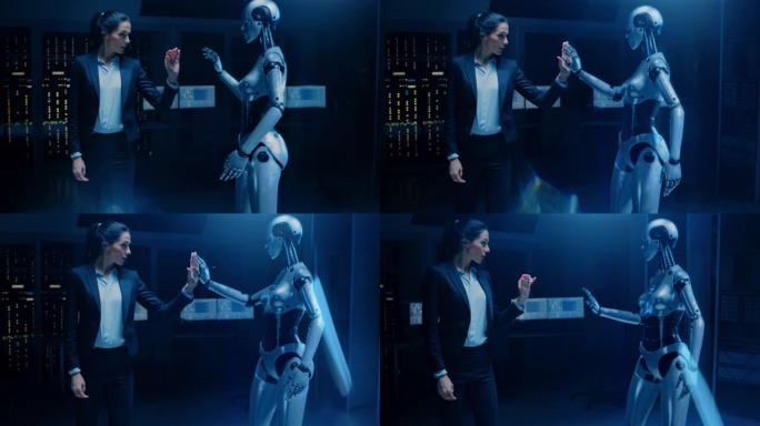 美丽成功的女商人穿着西装触摸双手与人形机器人激活协作，团队合作协议。人与人工智能协同工作