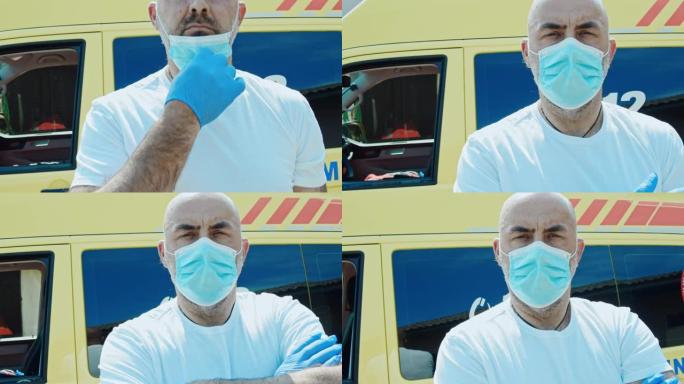 SLO MO救护车司机戴上医用口罩