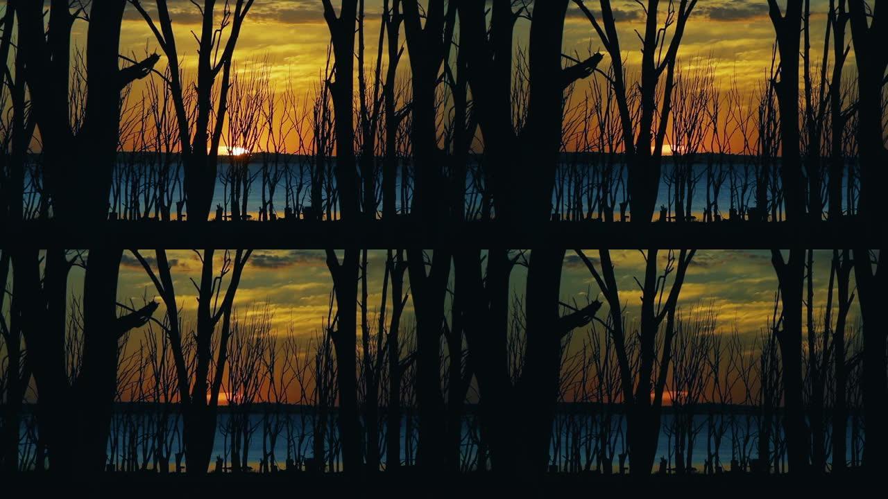 湖上的日落。时间流逝。