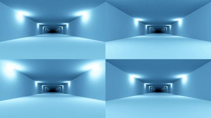 未来派蓝色科幻隧道内部。科幻走廊。摘要现代技术背景。无缝循环3D渲染动画4k UHD