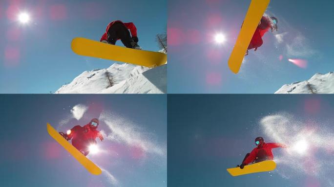 慢动作特写: 滑雪者在晴朗的蓝天上跳跃并飞越太阳