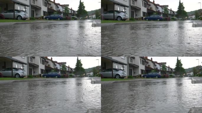 低角度: 强4月降雨淹没了宁静的郊区。