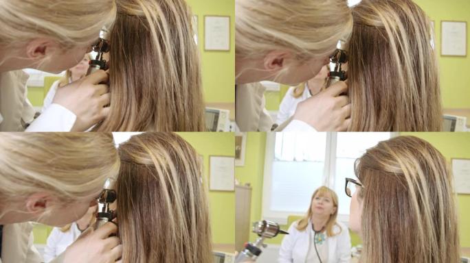 MS医学生用耳镜分析女性的耳朵