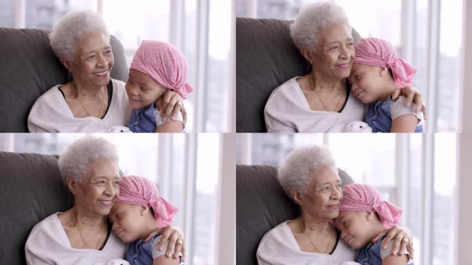 患有癌症的年轻女孩深情地拥抱祖母