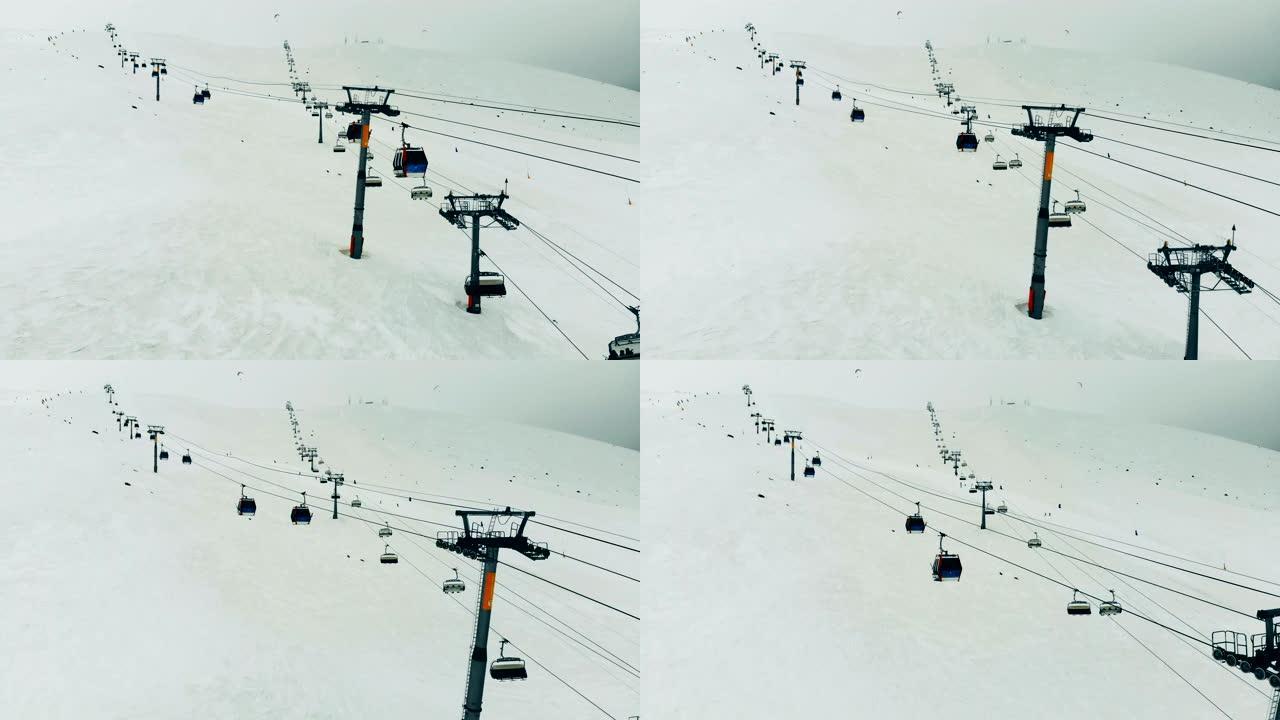 山上有缆车的索道。山里的滑雪缆车。