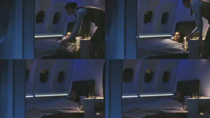 年轻的女商人睡在私人飞机上