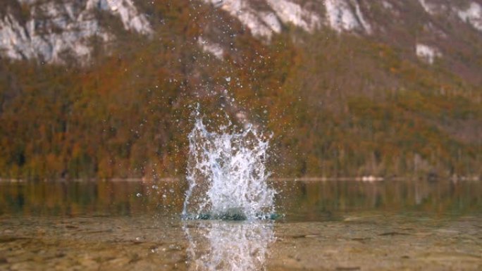 特写镜头，dop: 一块光滑的石头掉入平静的湖中的电影镜头。