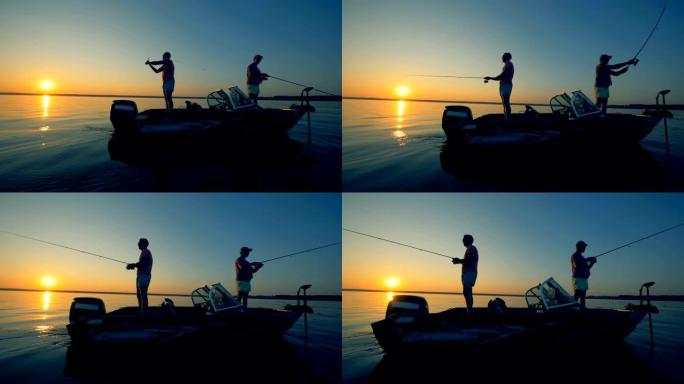 渔民在晚上用特殊的鱼竿捕鱼。4K