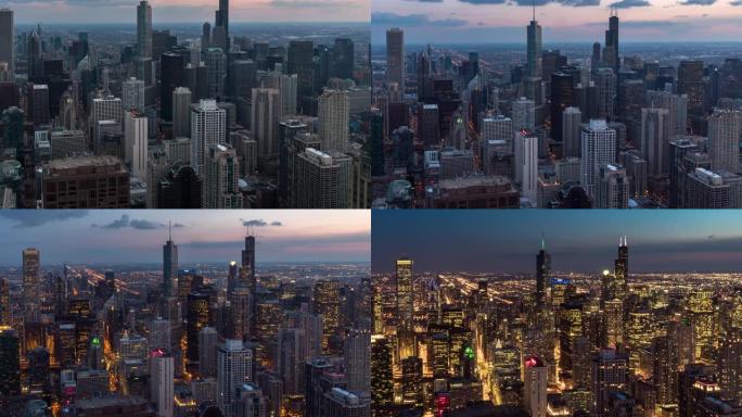 芝加哥城市景观河边的4k时间流逝，白天到黑夜，美国市中心的天际线，具有旅游概念的建筑和建筑
