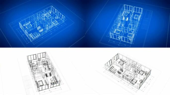 抽象公寓的3d蓝图，家具打开蓝色和白色无缝。循环3d动画网格网格。建筑业务理念。