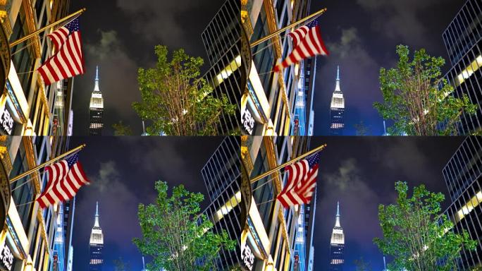 纽约。美国国旗。帝国大厦