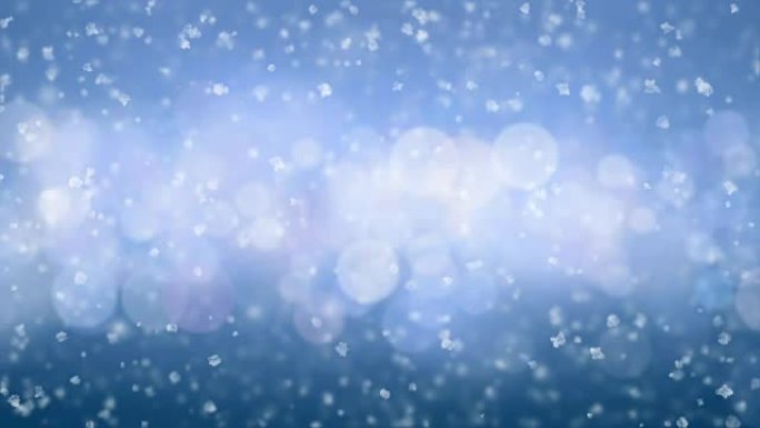 美丽柔和的圣诞雪落在蓝色圆圈背景上，微风无痕。慢动作循环3d动画。节日庆典概念。