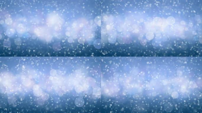 美丽柔和的圣诞雪落在蓝色圆圈背景上，微风无痕。慢动作循环3d动画。节日庆典概念。
