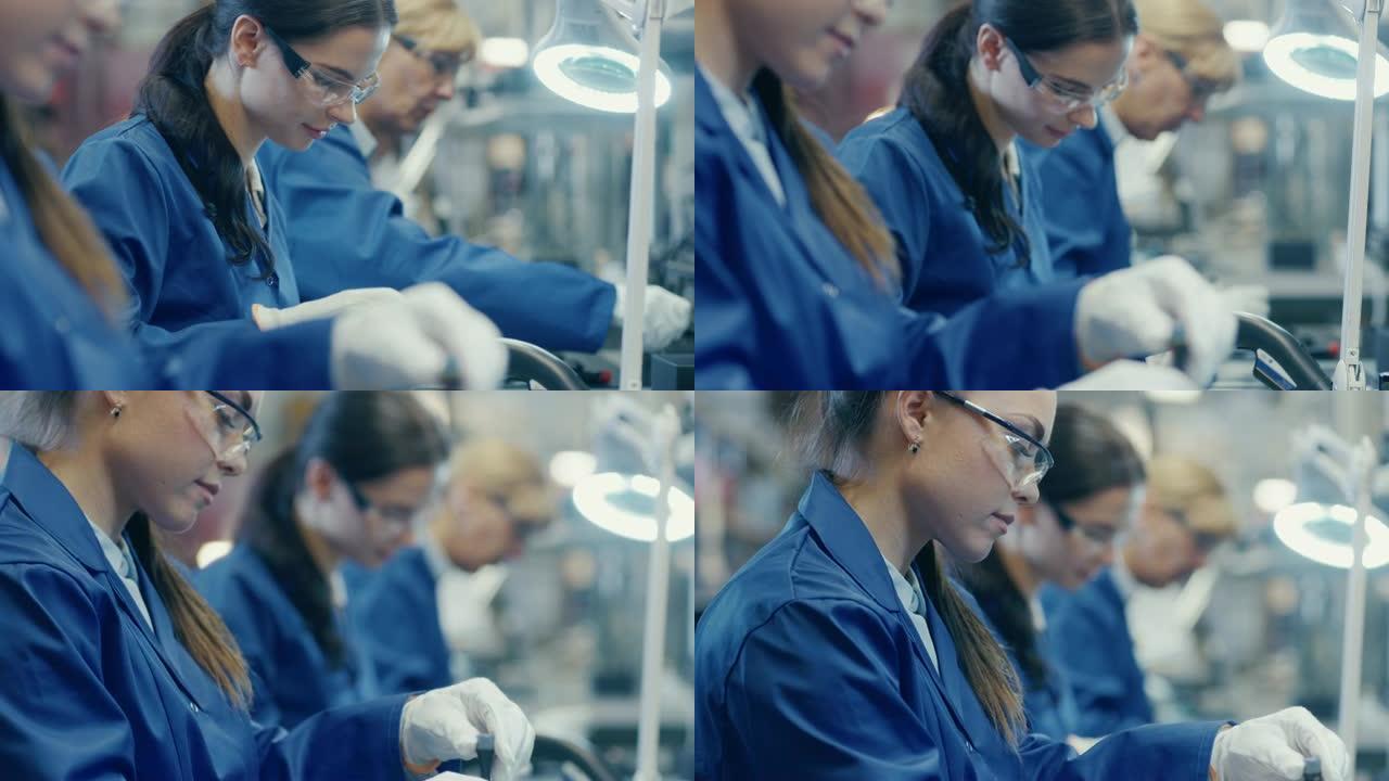 穿着蓝色工作服和防护眼镜的电子工厂女工人正在用螺丝刀组装智能手机。高科技工厂设施，后台有更多员工。