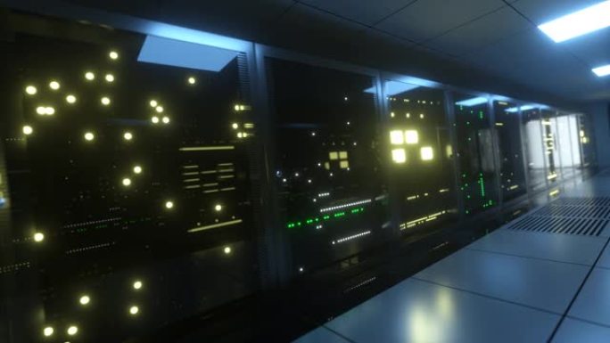 房间里巨大的服务器数据块。服务器室，玻璃后面有工作闪烁的面板。数据中心和互联网。景深
