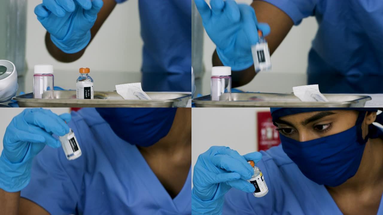 女医生检查一种新疫苗的小瓶