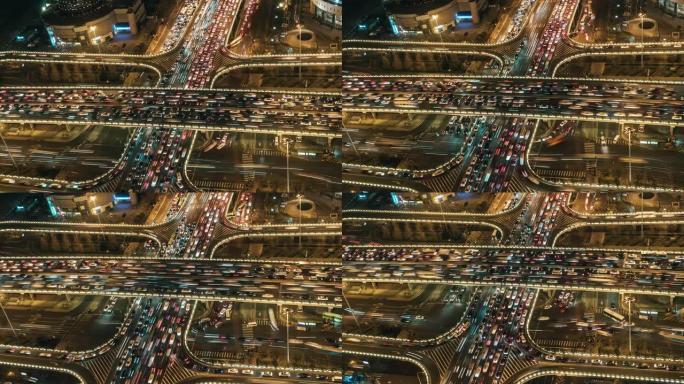 夜间/北京的天桥和城市交通的T/L TD鸟瞰图