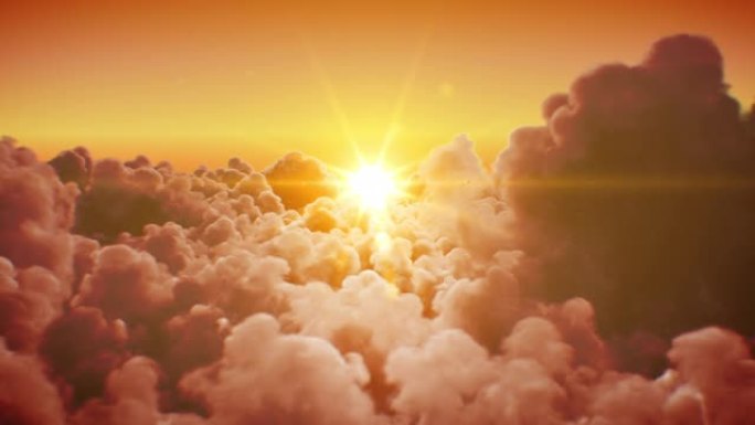 在美丽的无限云层上飞翔，傍晚 (早晨) 的阳光灿烂。地平线上的日落 (日出) 循环3d动画。