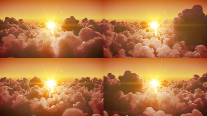 在美丽的无限云层上飞翔，傍晚 (早晨) 的阳光灿烂。地平线上的日落 (日出) 循环3d动画。