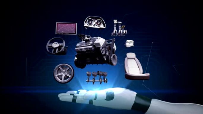 机器人手臂上的电子、混合动力电池汽车，拆卸汽车零件。环保未来汽车。发动机、座椅、仪表板、导航。4k动