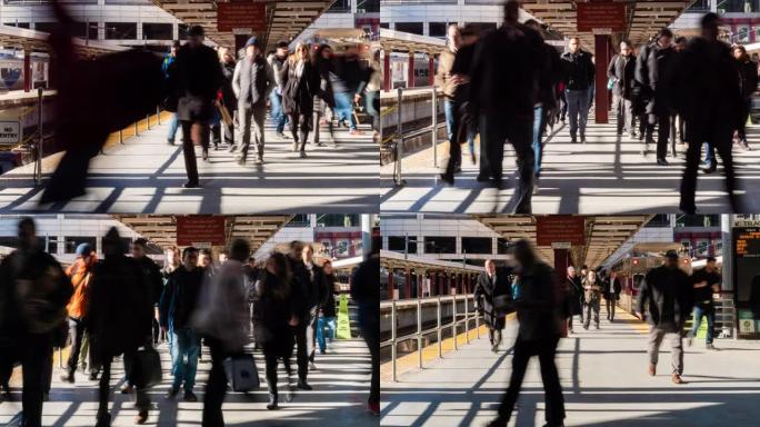 在美国马萨诸塞州波士顿的高峰时间，旅客和游客通过火车站交通枢纽的步行方式步行的4k时间流逝。运输和旅