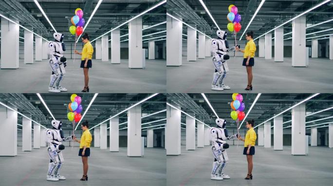一个女孩向房间里的机器人赠送气球。