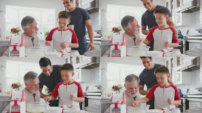 十几岁的西班牙裔男孩在厨房里与祖父和父亲一起烘烤，填写蛋糕表格，特写