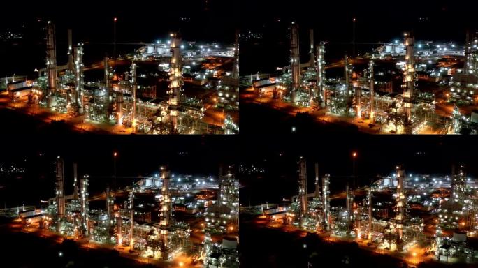 亚洲大型炼油厂设施和储罐夜间4k鸟瞰图