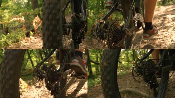 特写: 跟随一个无法辨认的骑自行车的人在树林中踩踏他的自行车。