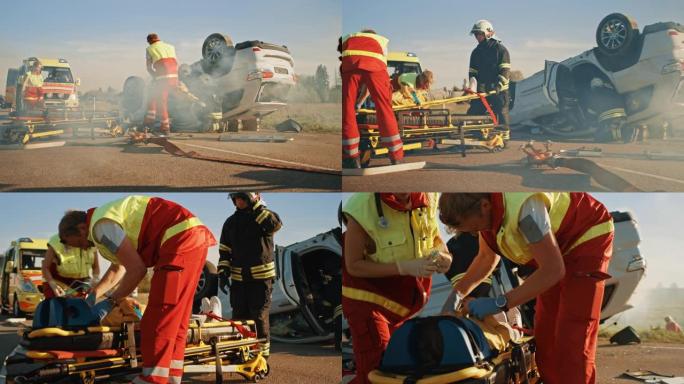在车祸交通事故现场: 医护人员挽救了躺在担架上的交通事故受害者的生命。他们听心跳，戴上氧气面罩并进行