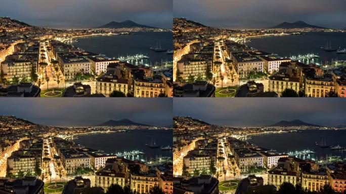意大利那不勒斯的夜景。那不勒斯的傍晚时光流逝，有老房子，交通和维苏威火山