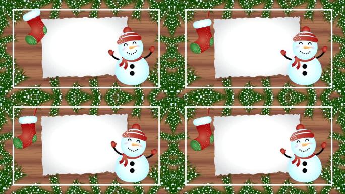 快乐圣诞快乐动画，背景为木制雪人