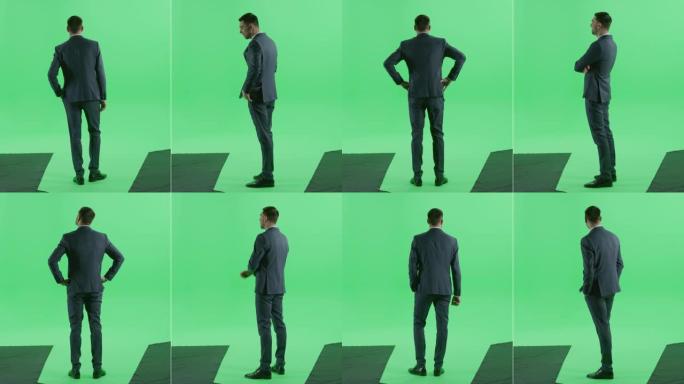 2合1分割的绿屏拼贴: 英俊的商人站着，等待会议或日期出现，检查时间。多重角度值包: 半后视图。色度