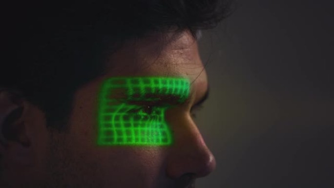 人脸识别技术的概念，作为人有绿色网格投影到眼睛在工作室