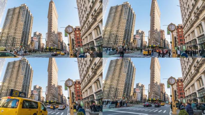 美国纽约市曼哈顿现代建筑高峰时段，熨斗大楼与行人和交通道路交叉口的4k时间流逝。商业和运输概念
