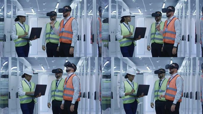 使用VR的反光背心的电气工人