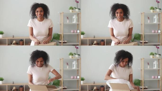 快乐的非洲女性视频博客拍摄视频博客在包裹上做评论