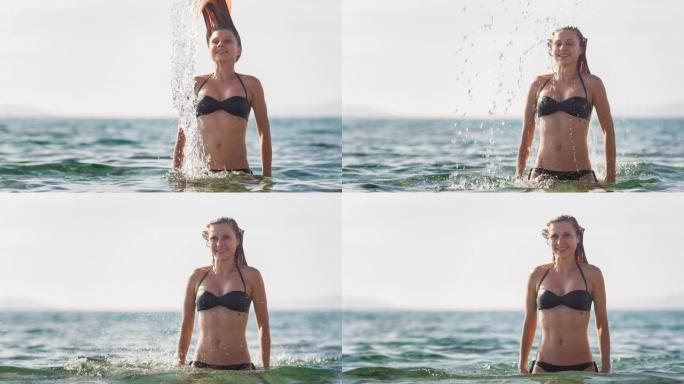 女人在长发的海洋中泼水