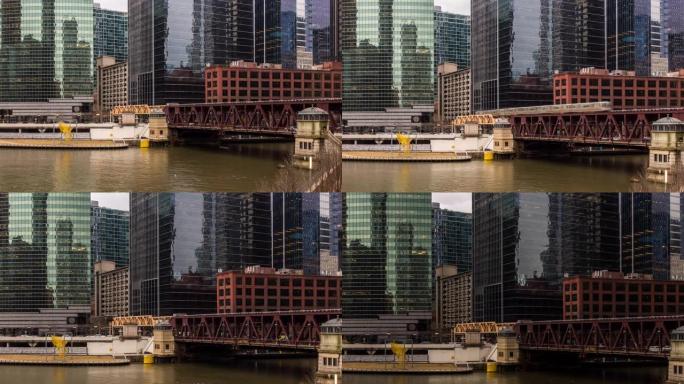 延时: 美国伊利诺伊州沃尔夫角附近芝加哥河市中心的芝加哥天际线建筑