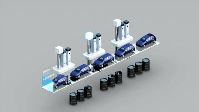 更换汽车燃料，给汽车电池充电。电子、氢、锂离子电池回声车。4k。