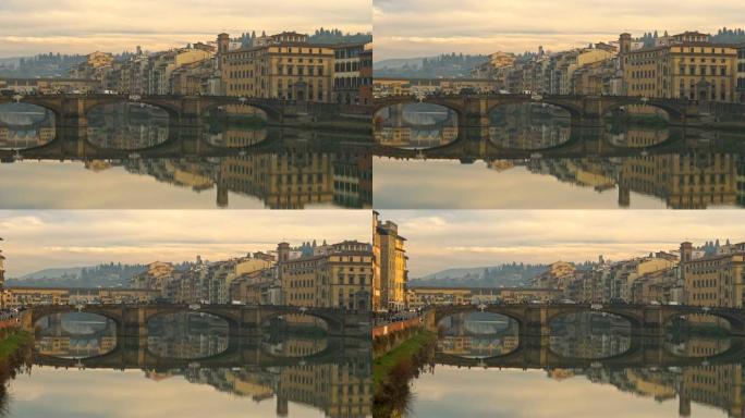 意大利佛罗伦萨 (Firenze) 桥梁和老房子的平移镜头