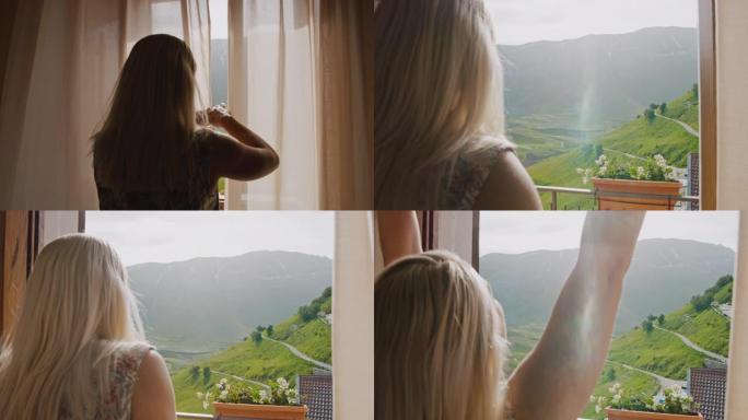 年轻女子女士分开酒店窗帘，享受阳光明媚的田园诗般的山景，意大利翁布里亚城堡