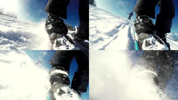 冬季活动。在新鲜的雪地上滑雪