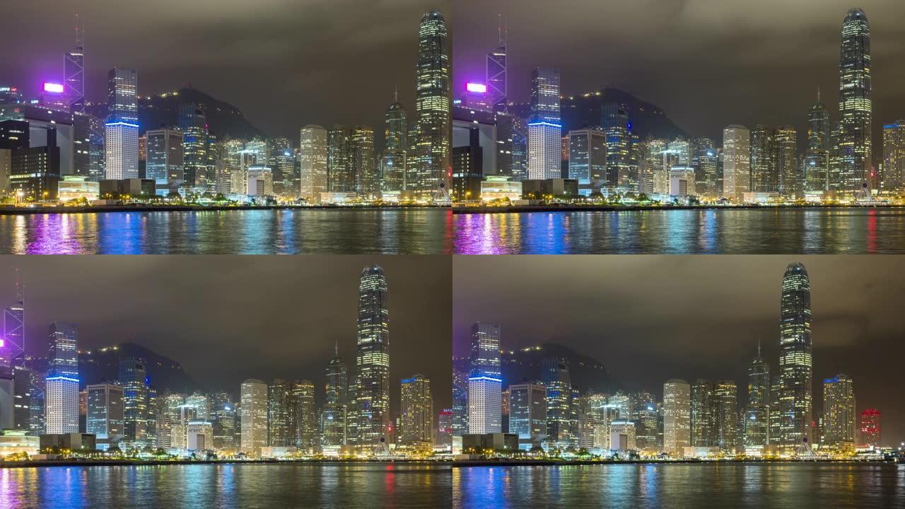 4k延时: 香港城市香港夜间天际线，快速云。