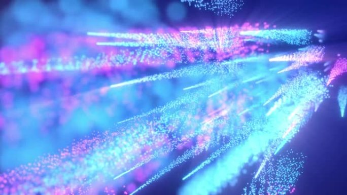 粉色蓝光的氖粒子在混沌运动中。无缝循环4k抽象运动背景。荧光紫外光，激光霓虹灯线