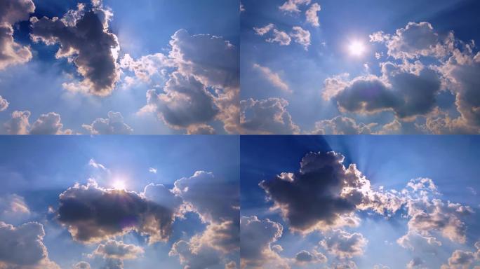 4K，延时蓝天多云天空和太阳光线，云景