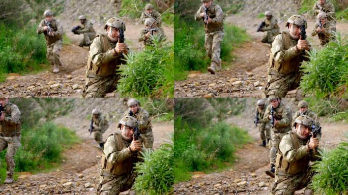 混合种族军事士兵在军事训练4k期间在野外进行步枪训练的前视图