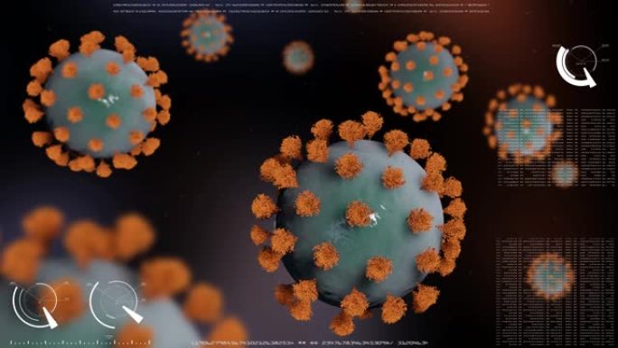 新型冠状病毒肺炎冠状病毒细胞。许多带有画笔的病毒细胞在数据处理的现实背景上随机旋转和移动。相机用景深